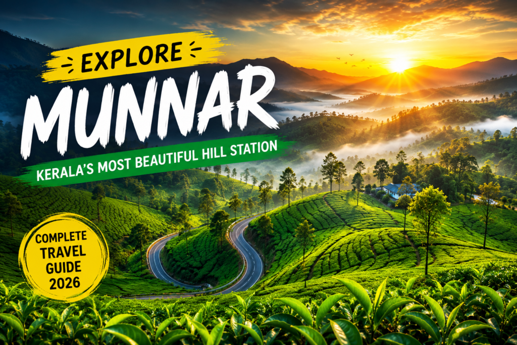 Munnar tea plantations during sunrise in Kerala, India.