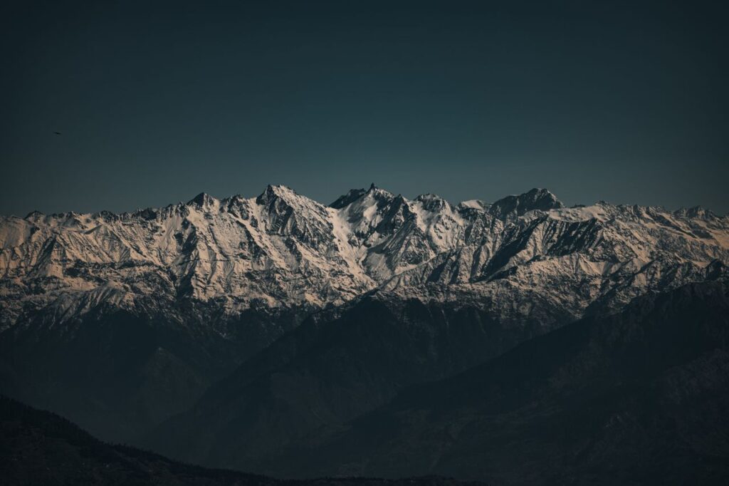 A breathtaking view of snow-covered Himalayan peaks under a clear sky.