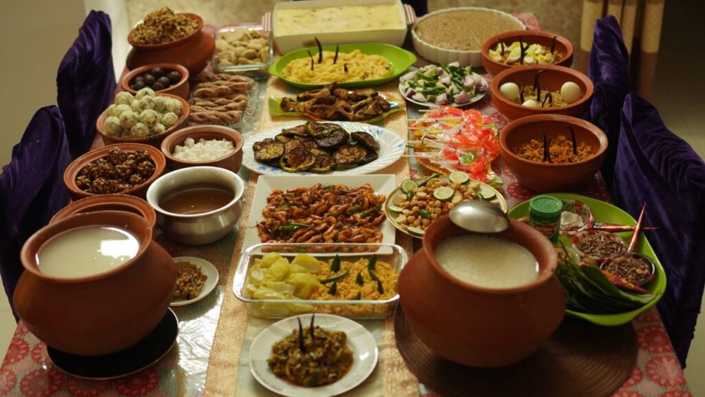 A vibrant spread of traditional South Indian vegetarian dishes displayed on a festive table.