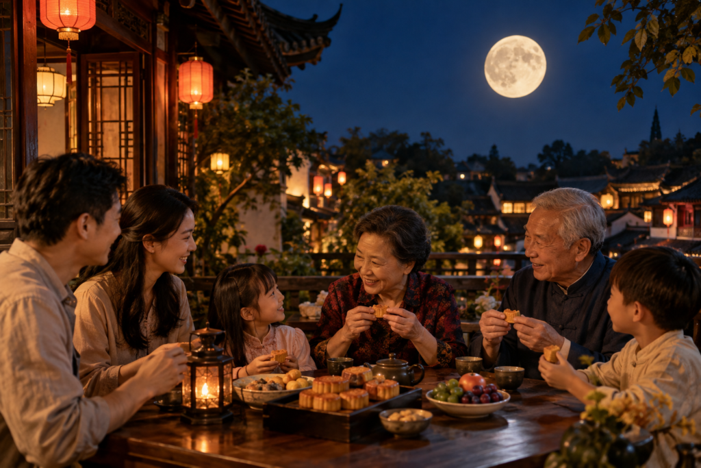 Family celebrating the Mid-Autumn Festival with mooncakes under a full moon in China