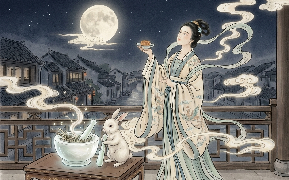 Traditional artistic depiction of Chang'e and the moon from Chinese folklore